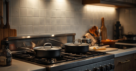 Cookware essentials displayed on a stovetop in a modern Canadian home kitchen