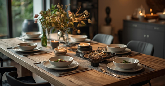 Dining and entertaining essentials arranged on a table in a modern Canadian home