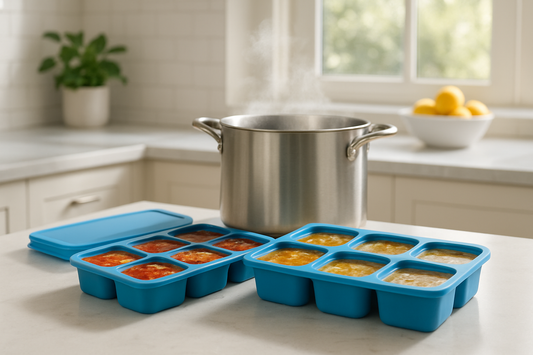 Silicone freezer portion trays filled with soup and tomato sauce on a counter next to a stockpot