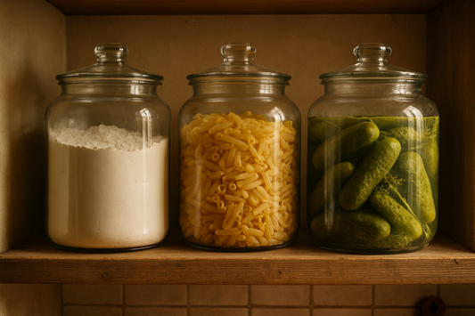 Large one-gallon glass jars on a kitchen shelf holding dry goods and a fermenting batch of pickles
