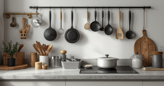 Kitchen utensils and gadgets displayed on a counter in a modern Canadian home
