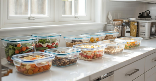 Meal prep containers arranged on a kitchen counter in a Canadian home