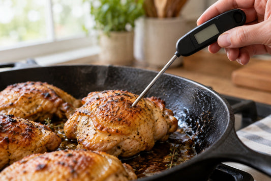 Instant-read thermometer probe inserted into a roasted chicken thigh in a cast iron skillet