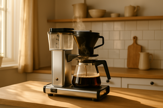 Technivorm Moccamaster drip coffee maker brewing into a glass carafe on a kitchen counter