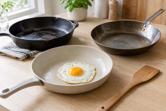 Ceramic nonstick frying pan with a fried egg beside a cast iron skillet and carbon steel pan