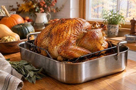Roast turkey on a V-rack in a stainless steel roasting pan on a wooden counter with squash and sage