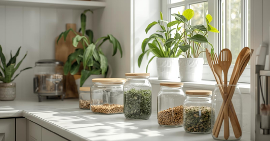 Sustainable kitchen products displayed in a bright Canadian kitchen
