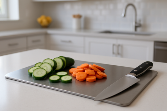 Titanium cutting board with sliced vegetables and a chef's knife on a kitchen counter
