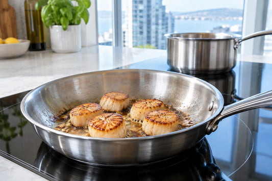 Stainless steel clad frying pan searing scallops on an induction cooktop