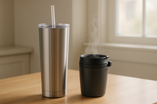 Stainless steel travel tumbler with straw lid next to a locking-lid travel mug on a kitchen counter