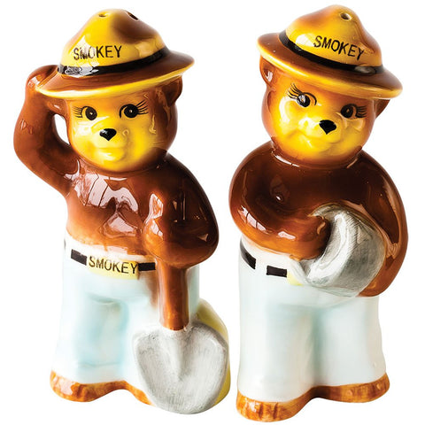 180D Smokey the Bear ceramic salt and pepper shakers for vintage kitchen décor and cozy cabin meals