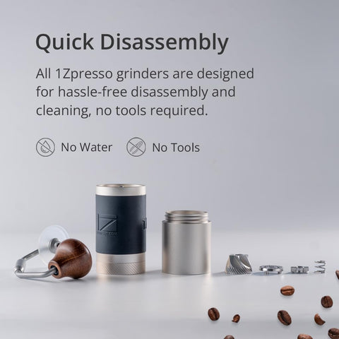 1Zpresso J grinder with stainless steel conical burrs ensuring aroma preservation.
