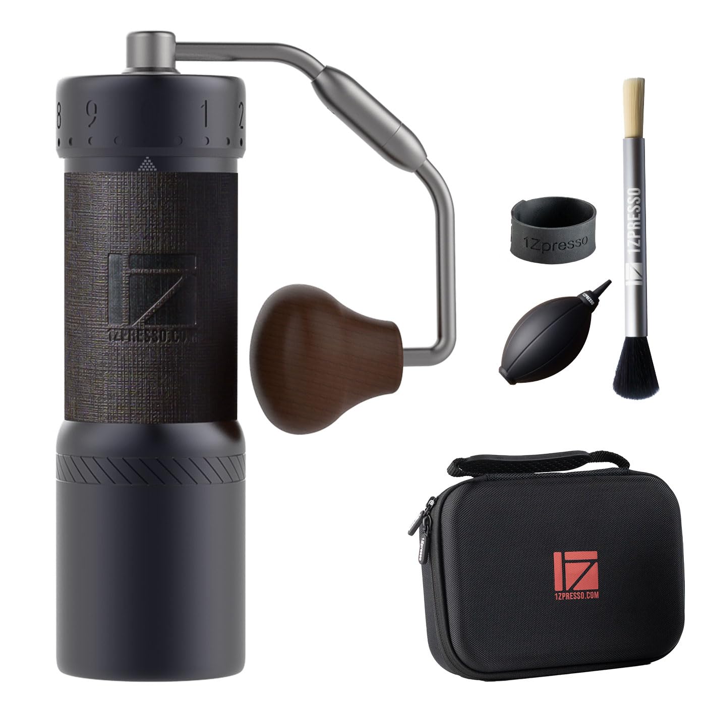 The 1Zpresso J-Ultra foldable handle for travel-friendly grinding.