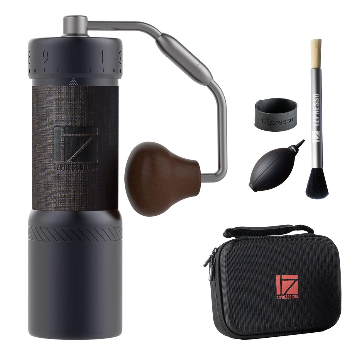 The 1Zpresso J-Ultra foldable handle for travel-friendly grinding.