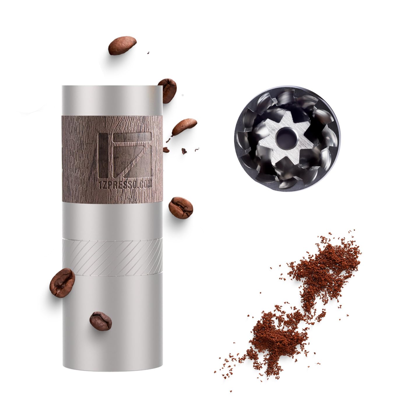 1Zpresso Q Manual Grinder with foldable handle for travel-friendly, on-the-go grinding.