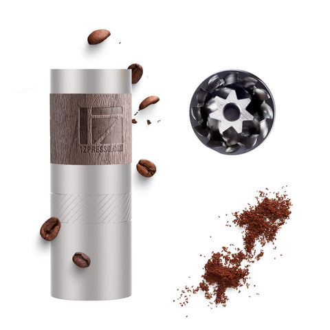 1Zpresso Q Manual Grinder with foldable handle for travel-friendly, on-the-go grinding.