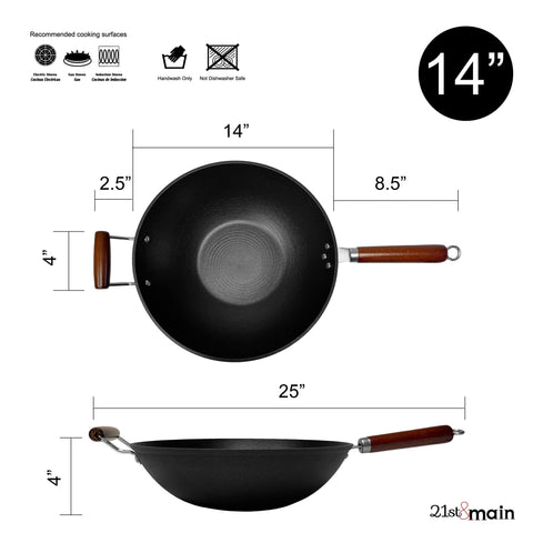 21st and Main wok wooden-handle closeup showing a comfortable grip during stir-fry.