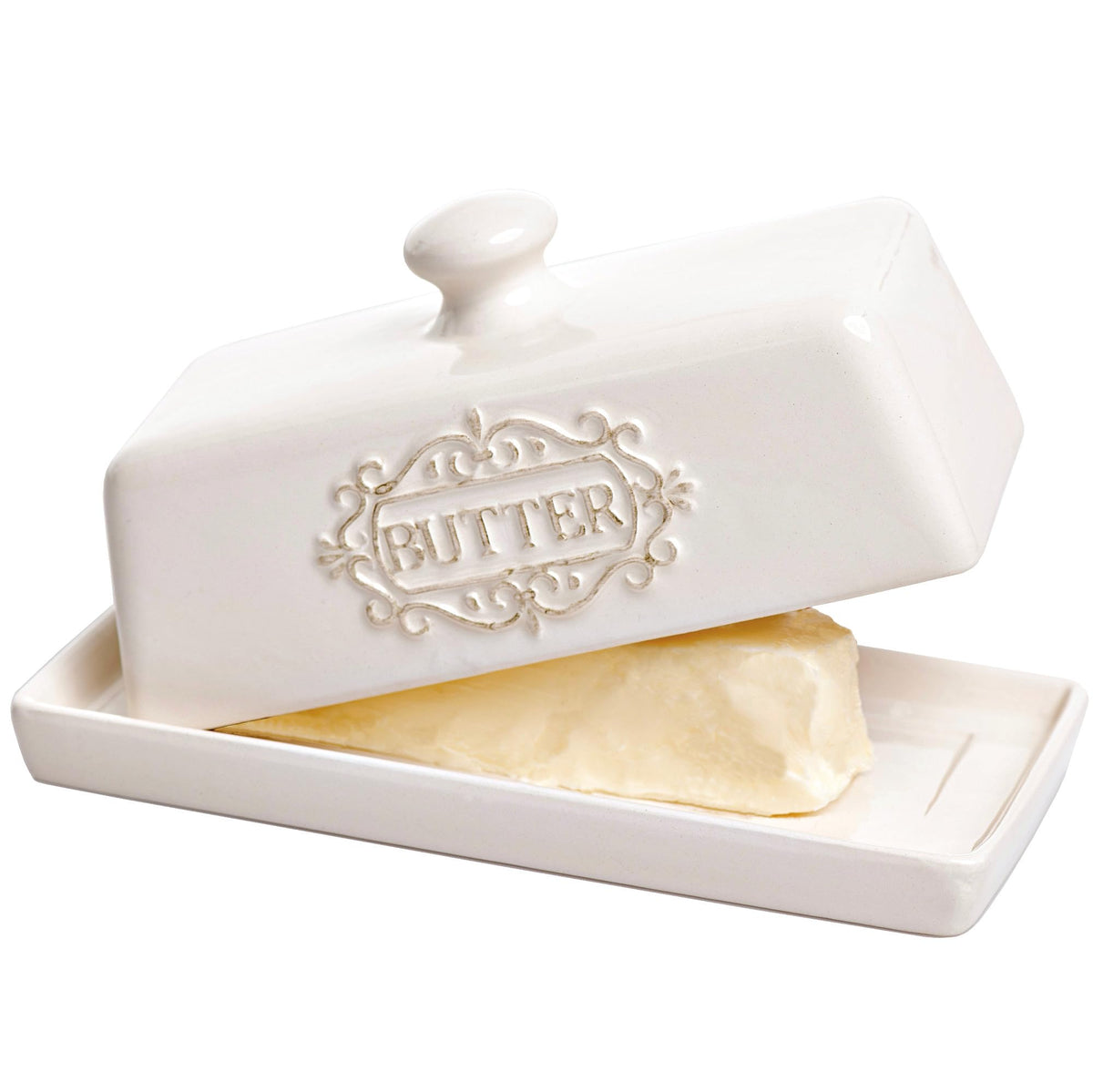 25DOL covered butter dish with lid on countertop keeps butter fresh and dust-free