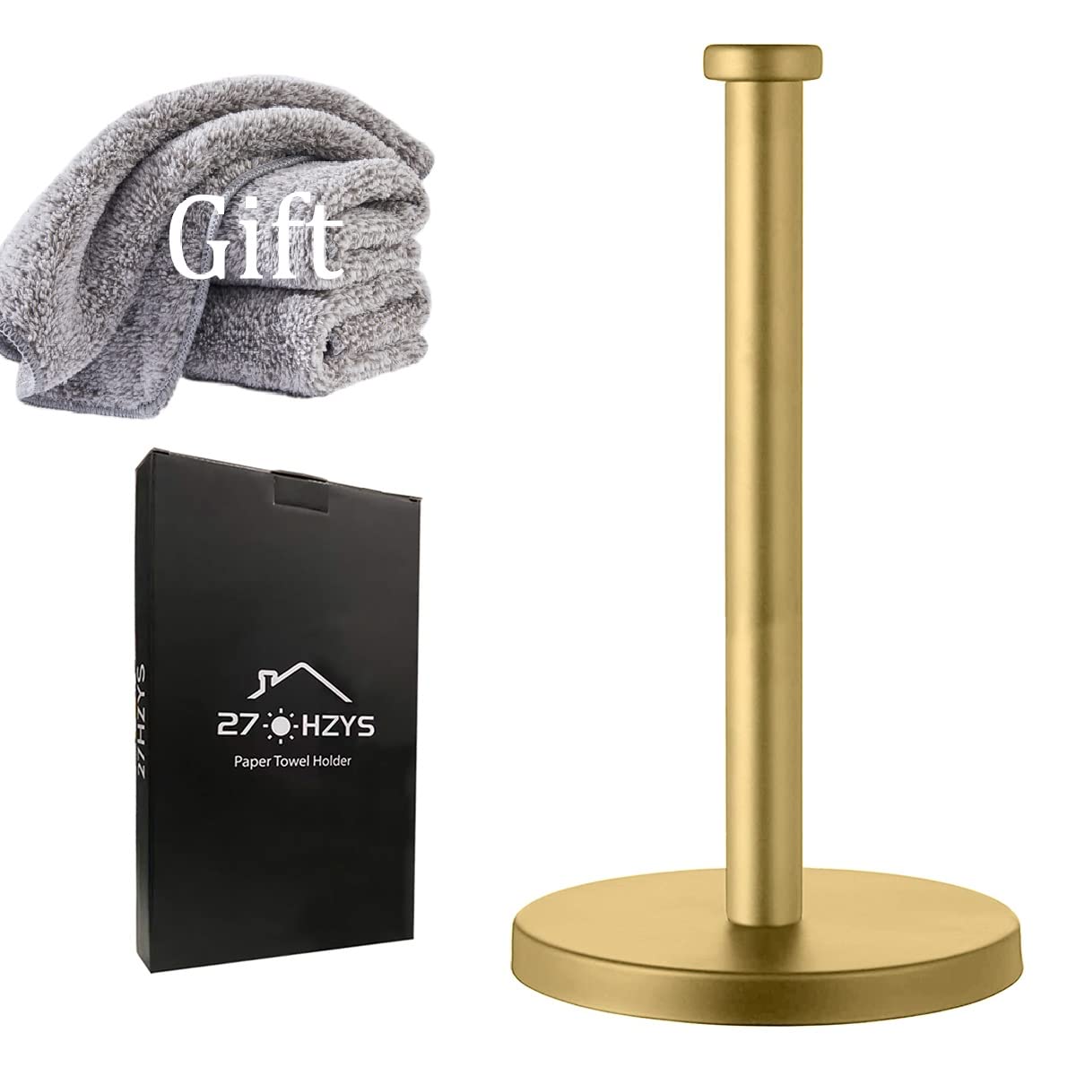The 27HZYS gold paper towel holder with a weighted base keeps counters stable.