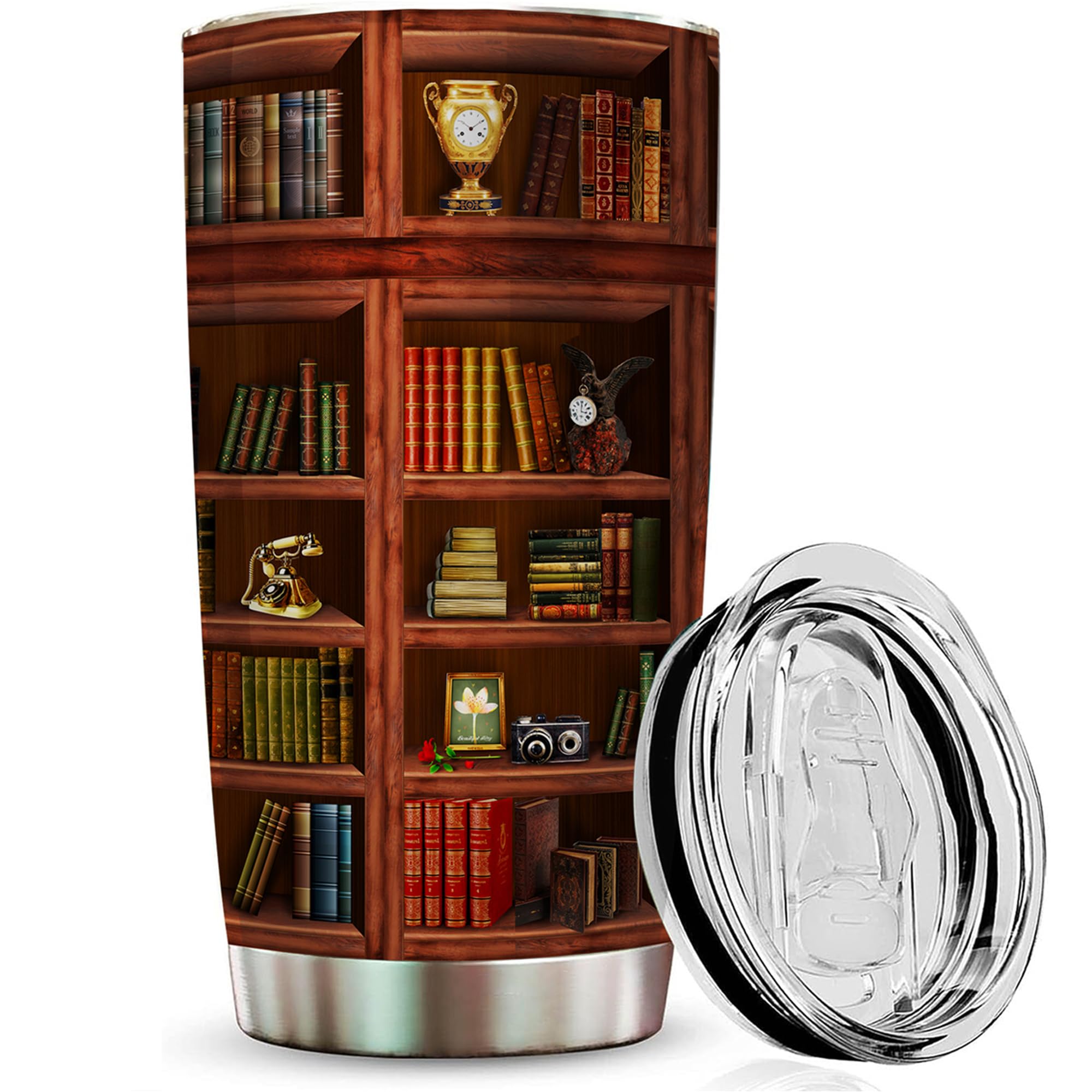 2IMT book tumbler library travel mug with bookshelf design for hot coffee on the go.
