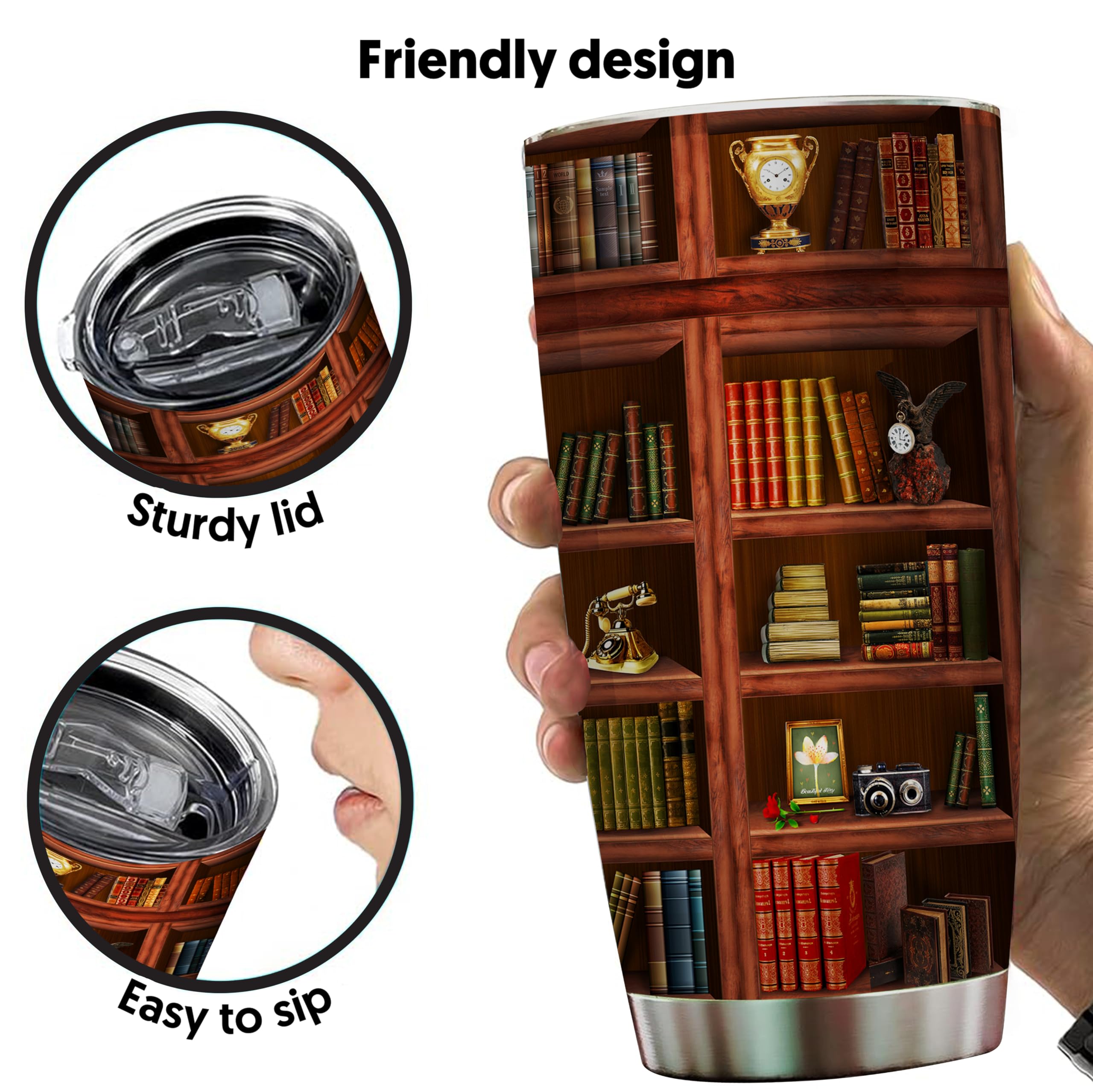 2IMT bookshelf design mug with lid offers spill-safe portability for readers.