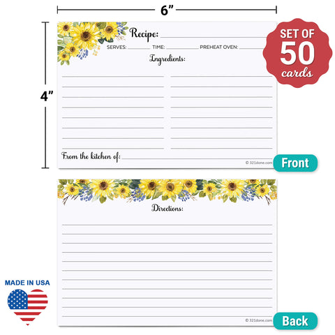 321Done sunflower recipe cards back view showing double sided printing for notes.
