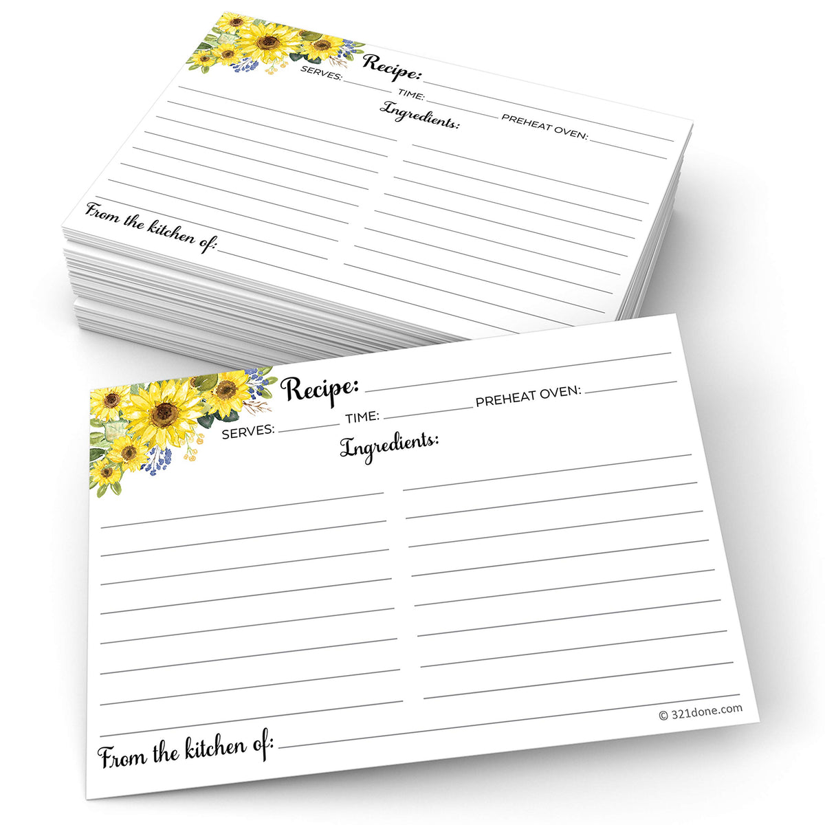 321Done sunflower recipe cards front view with vibrant colors and ample writing space.