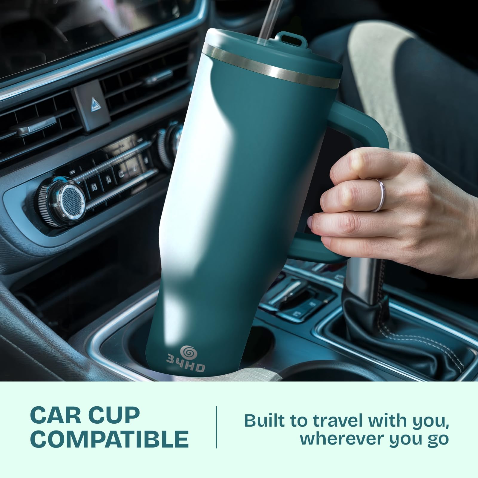 34HD tumbler in car cup holder for on-the-go hydration.