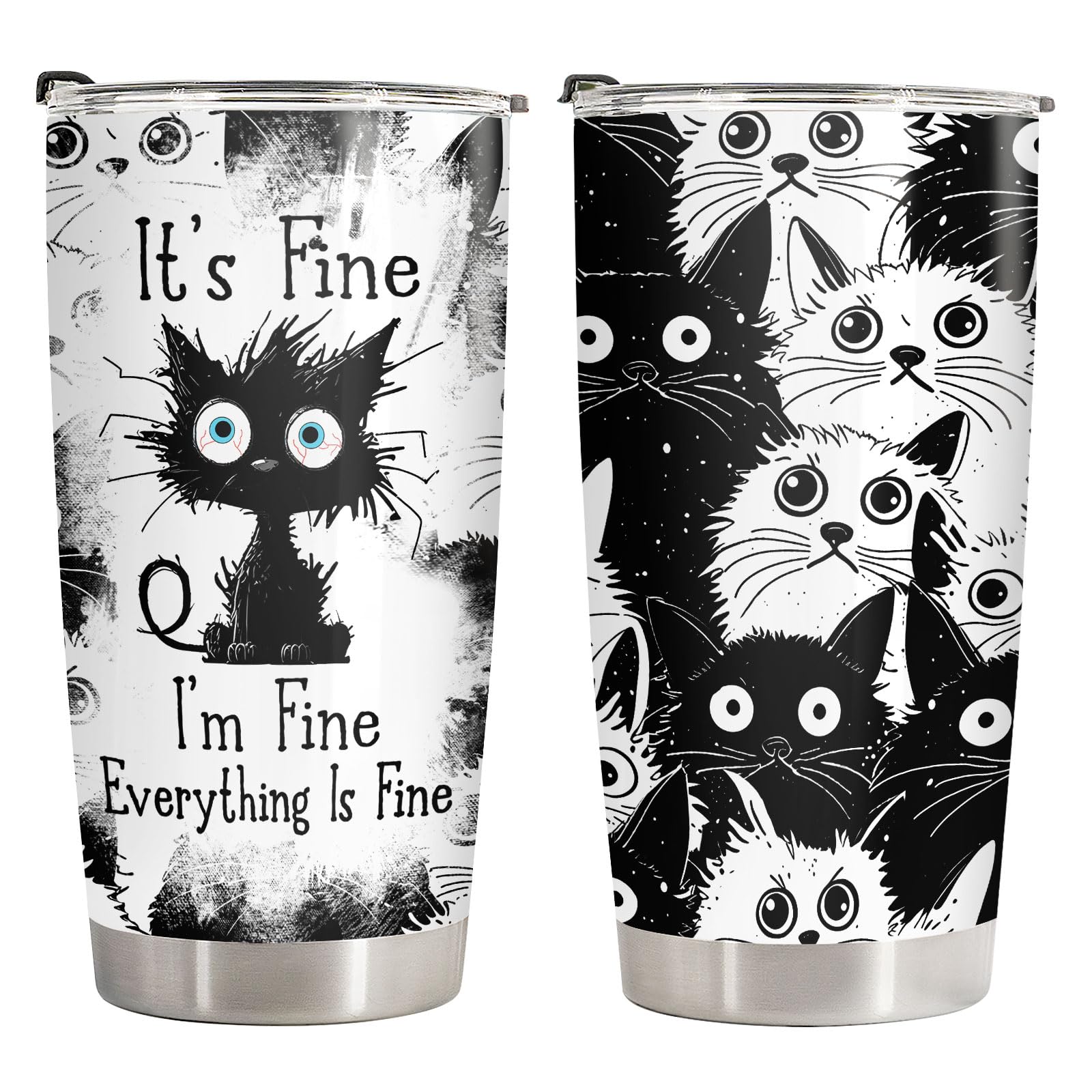 34HD cat tumbler with lid featuring a funny black cat design, ideal for daily coffee.