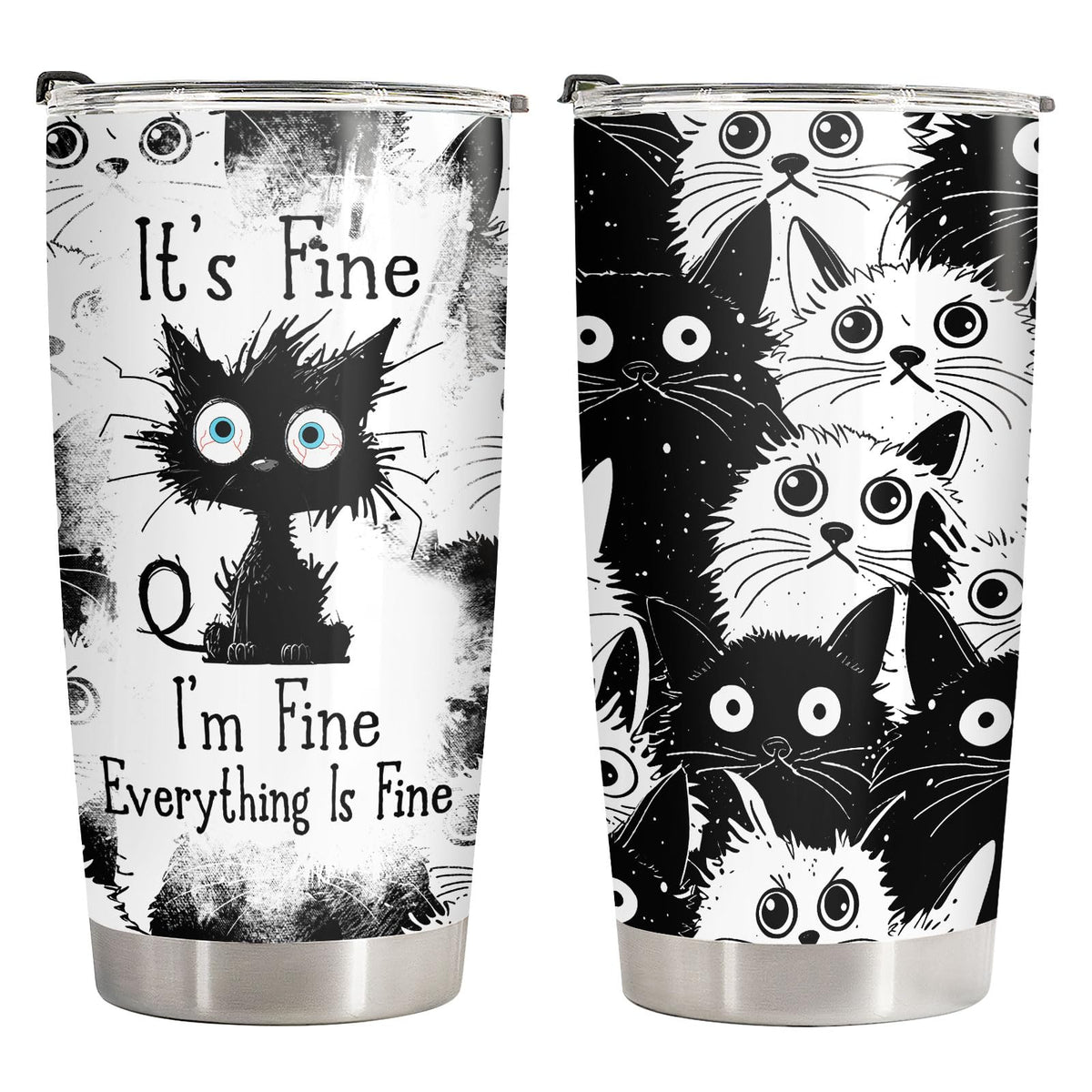 34HD cat tumbler with lid featuring a funny black cat design, ideal for daily coffee.