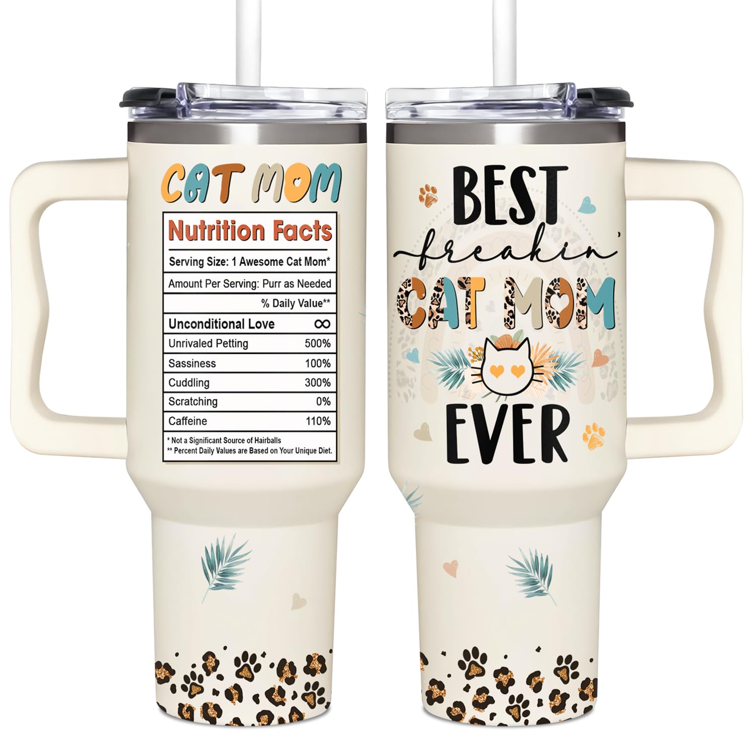 365FURY cat mom 40oz tumbler with handle and straw for easy on-the-go hydration