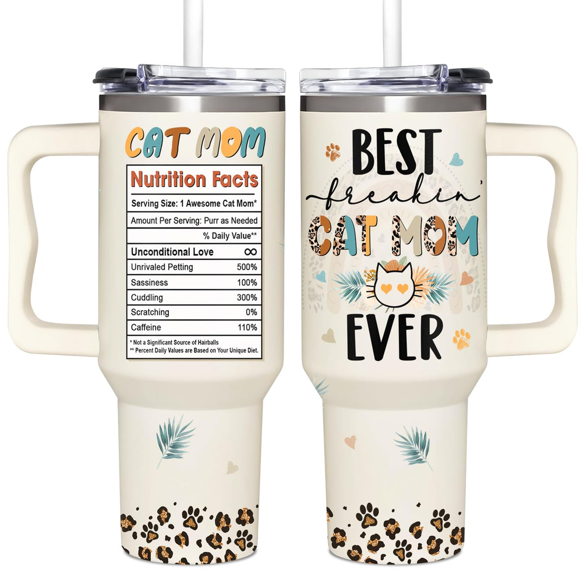 365FURY cat mom 40oz tumbler with handle and straw for easy on-the-go hydration