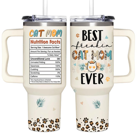 365FURY cat mom 40oz tumbler with handle and straw for easy on-the-go hydration