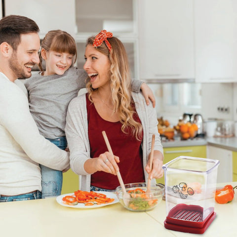 365Home cup slicer bottom push plate enables easy transfer of sliced produce.
