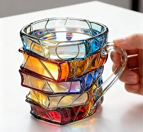 3D Book Glass Mug with book spine design for cozy reading sessions.