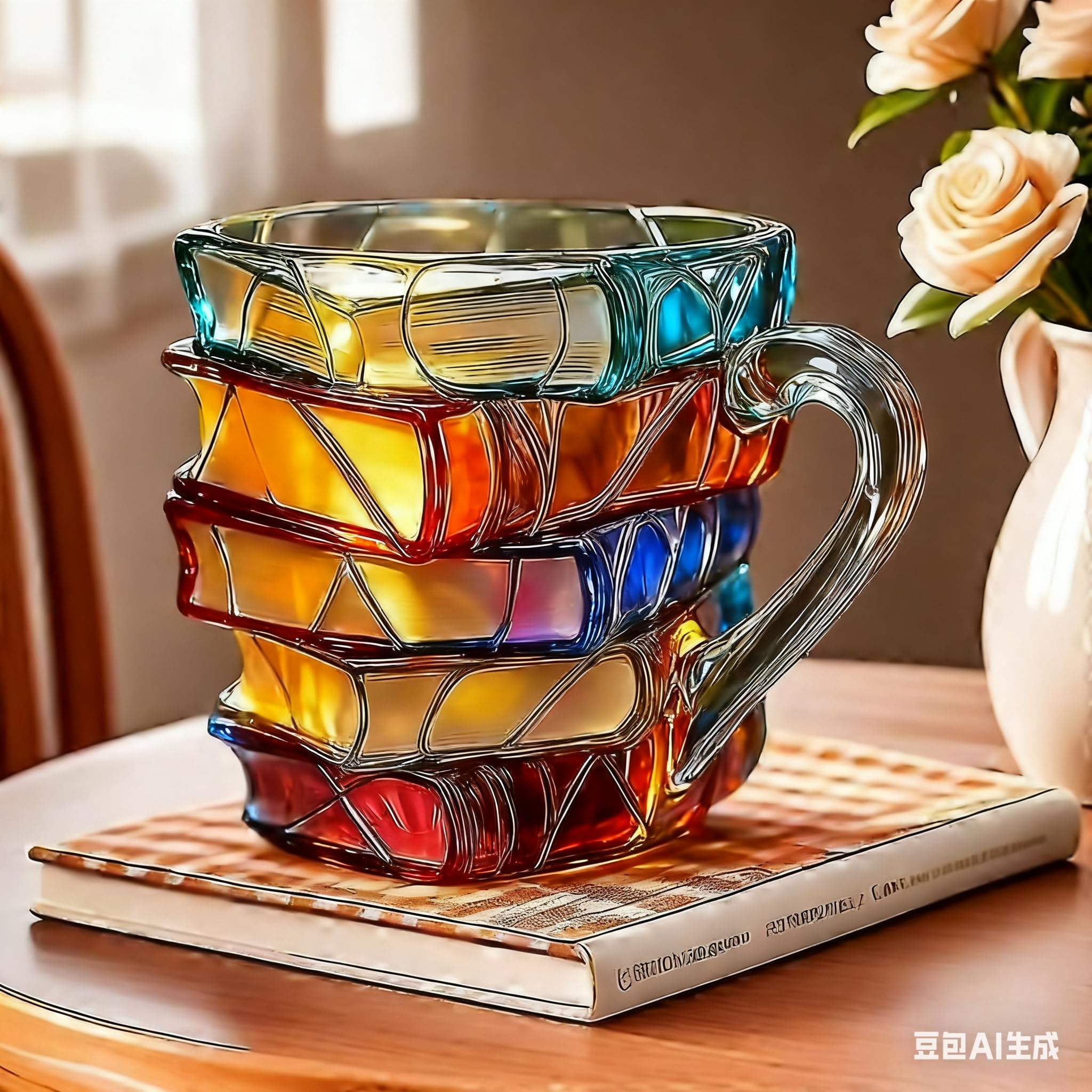 3D Book Glass Mug with stained glass panels in vibrant colors.