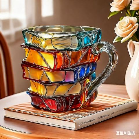 3D Book Glass Mug with stained glass panels in vibrant colors.