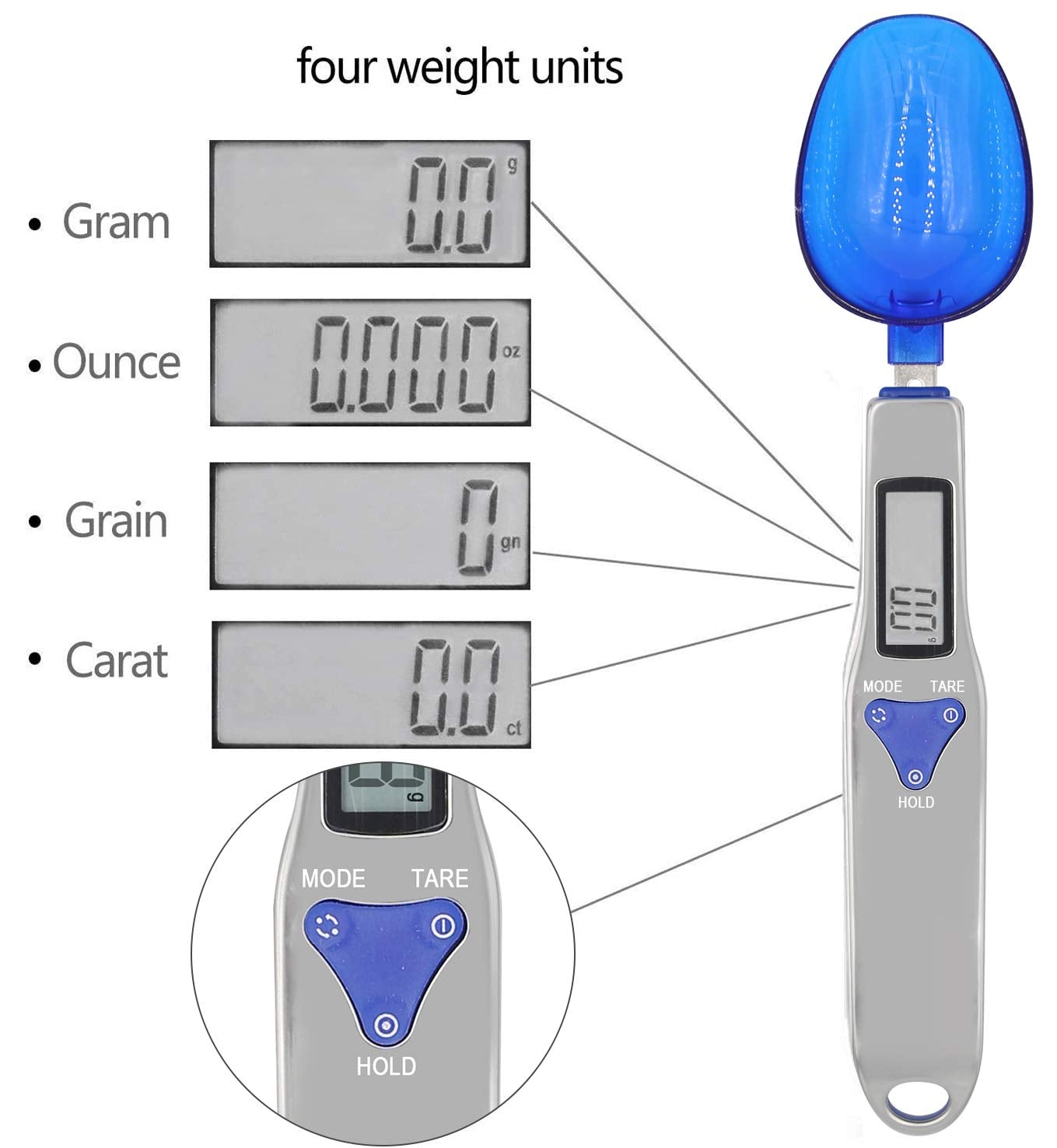 3T6B digital spoon scale shows g oz gn ct unit options