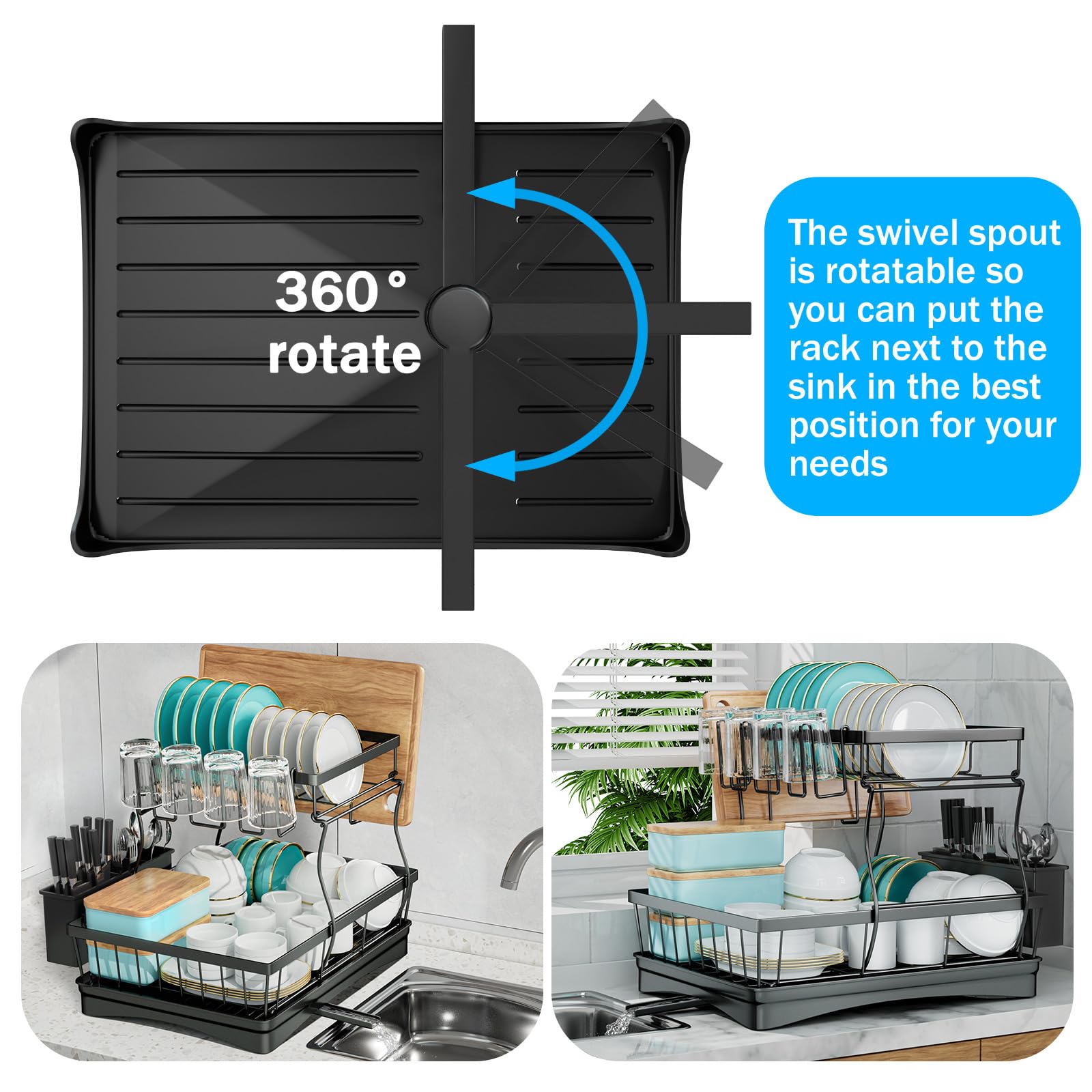 7-code dish rack with drainboard and 360° swivel spout directs water into the sink.