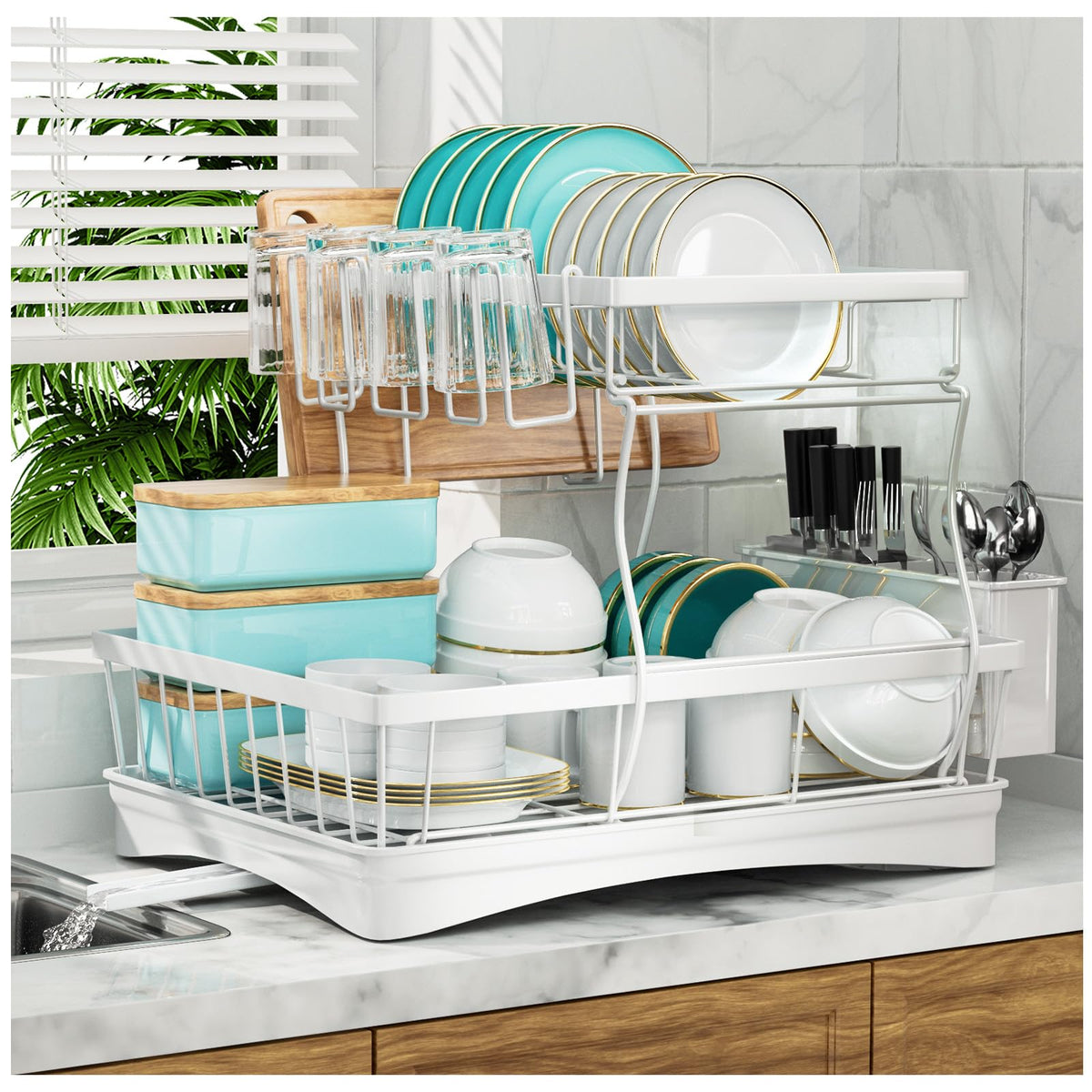 7 code large dish-drying-rack assembly shows easy setup for kitchen counters.