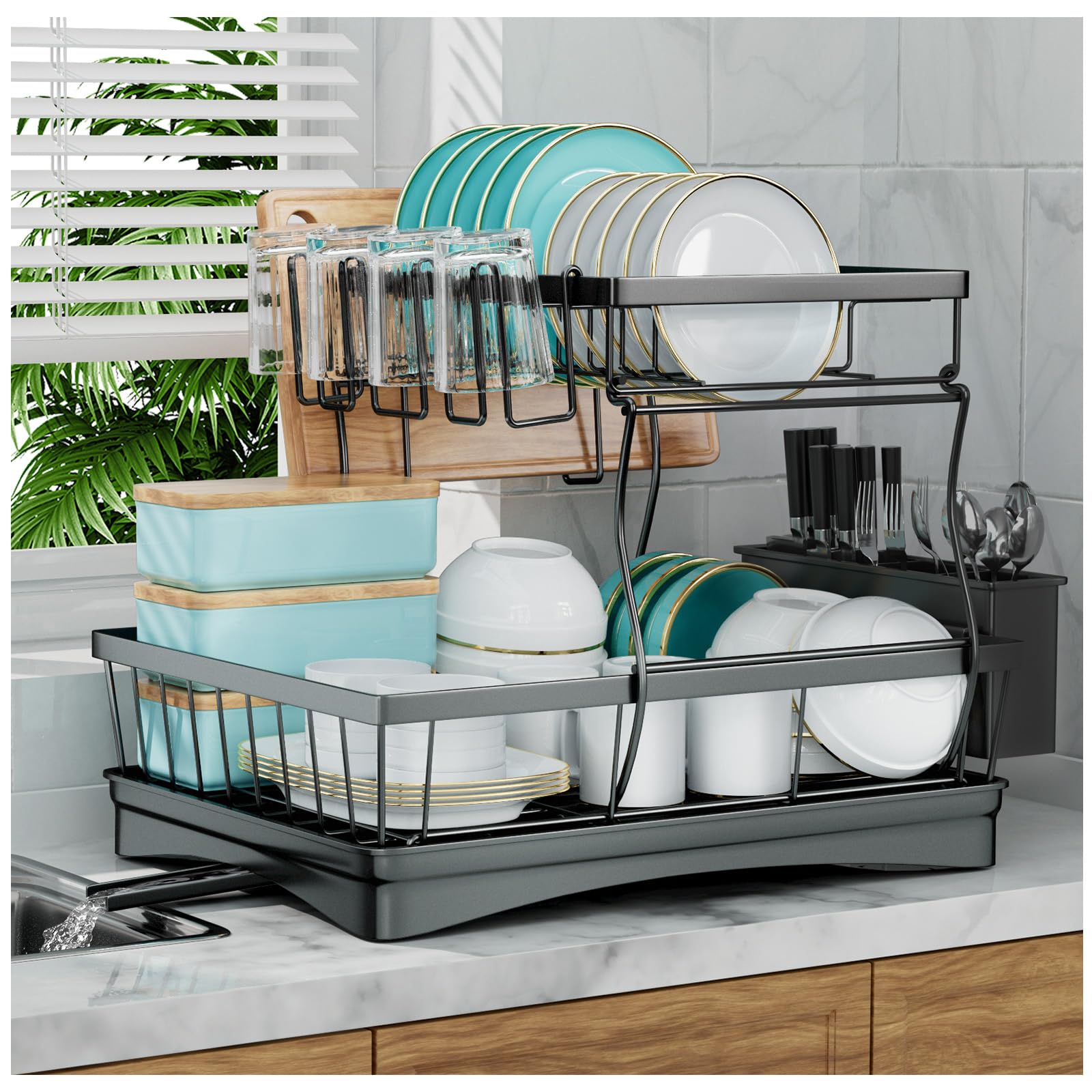 7-code large dish drying rack with detachable two-tier design keeps dishes organized and air-dried.