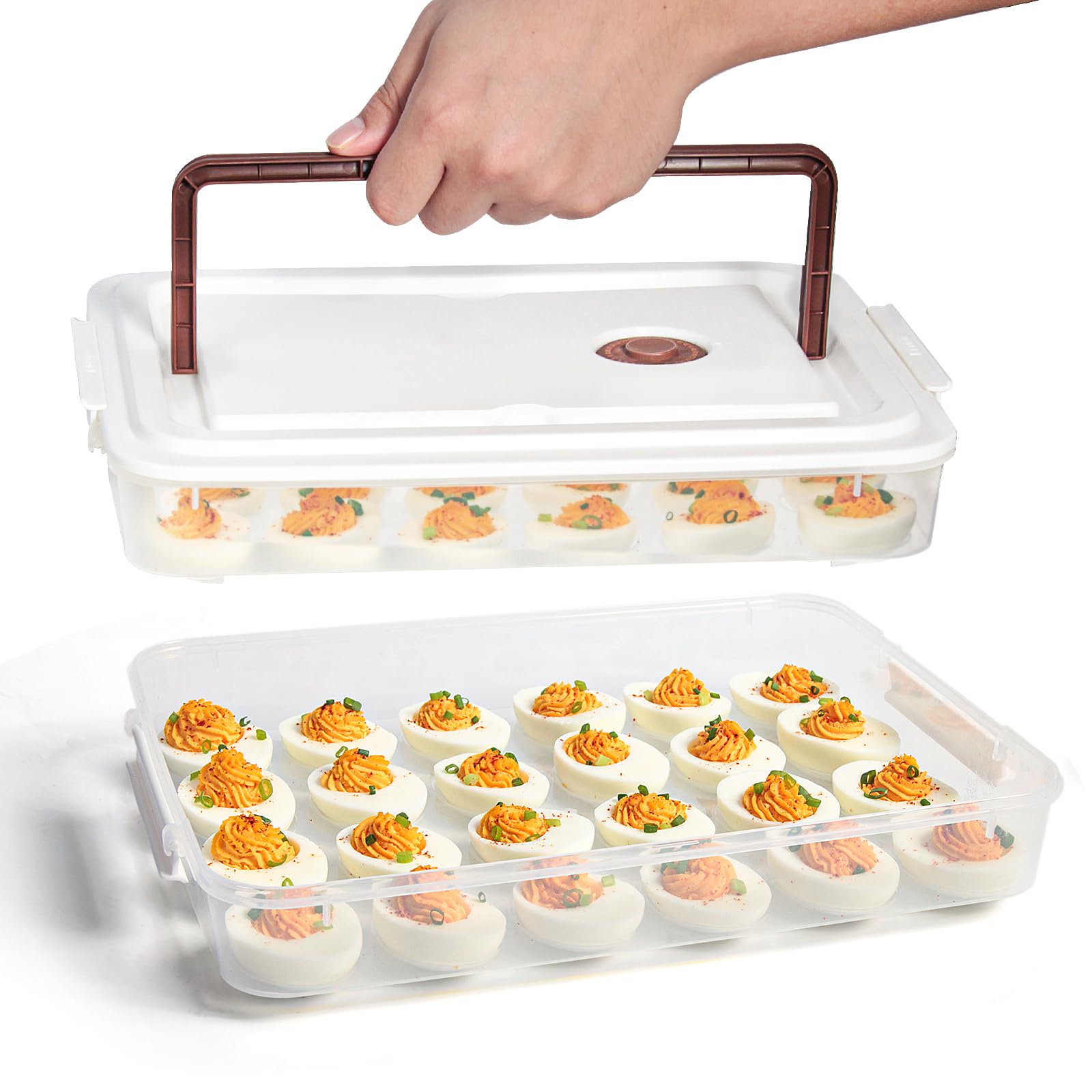 77L deviled egg container with lid showing 48-egg capacity for fridge storage
