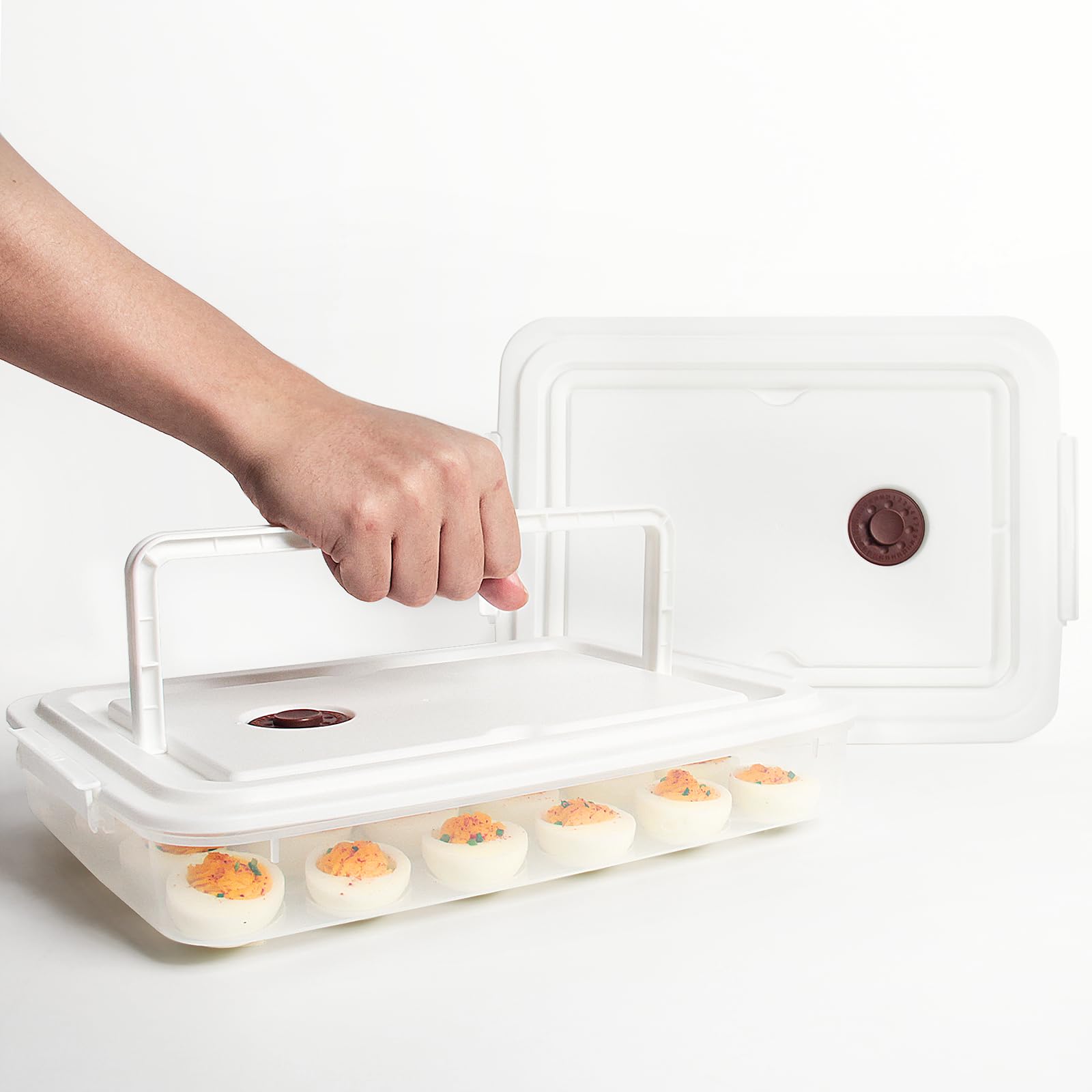 77l deviled egg platter with handle for portable serving.