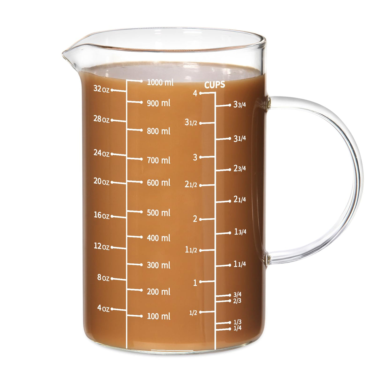 77L glass measuring cup with insulated handle and v-shaped spout for precise pouring.