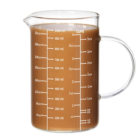 77L glass measuring cup with insulated handle and v-shaped spout for precise pouring.