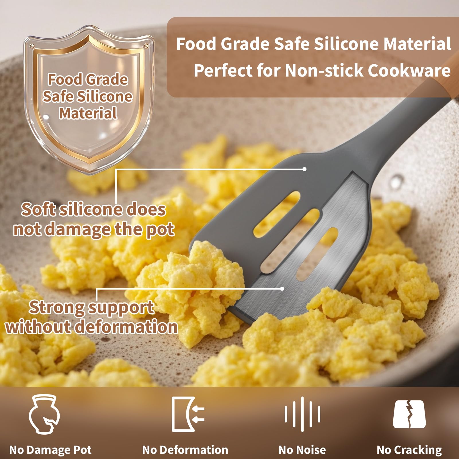 77L solid-turner in action demonstrating non-stick compatibility and gentle surface.