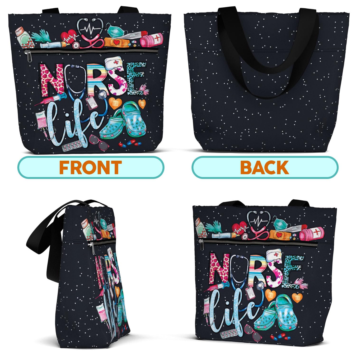 84hoods Aesthetic Tote Bag includes multiple pockets with a secure zipper.
