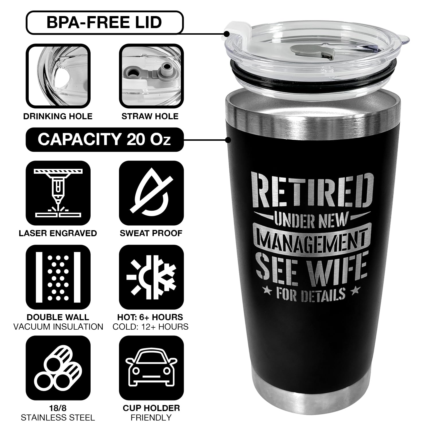 94Bright retirement tumbler closeup in metal finish highlights quality and durability.