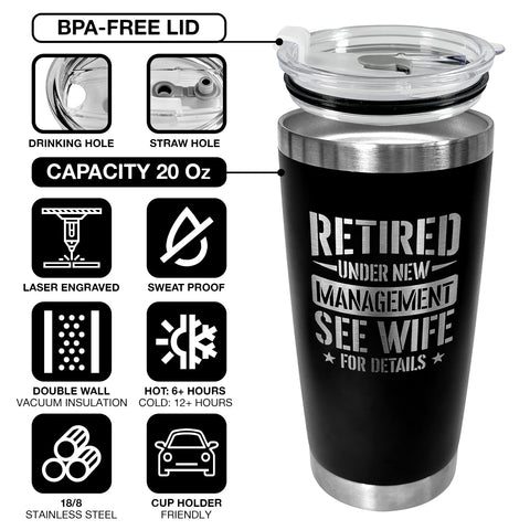 94Bright retirement tumbler closeup in metal finish highlights quality and durability.