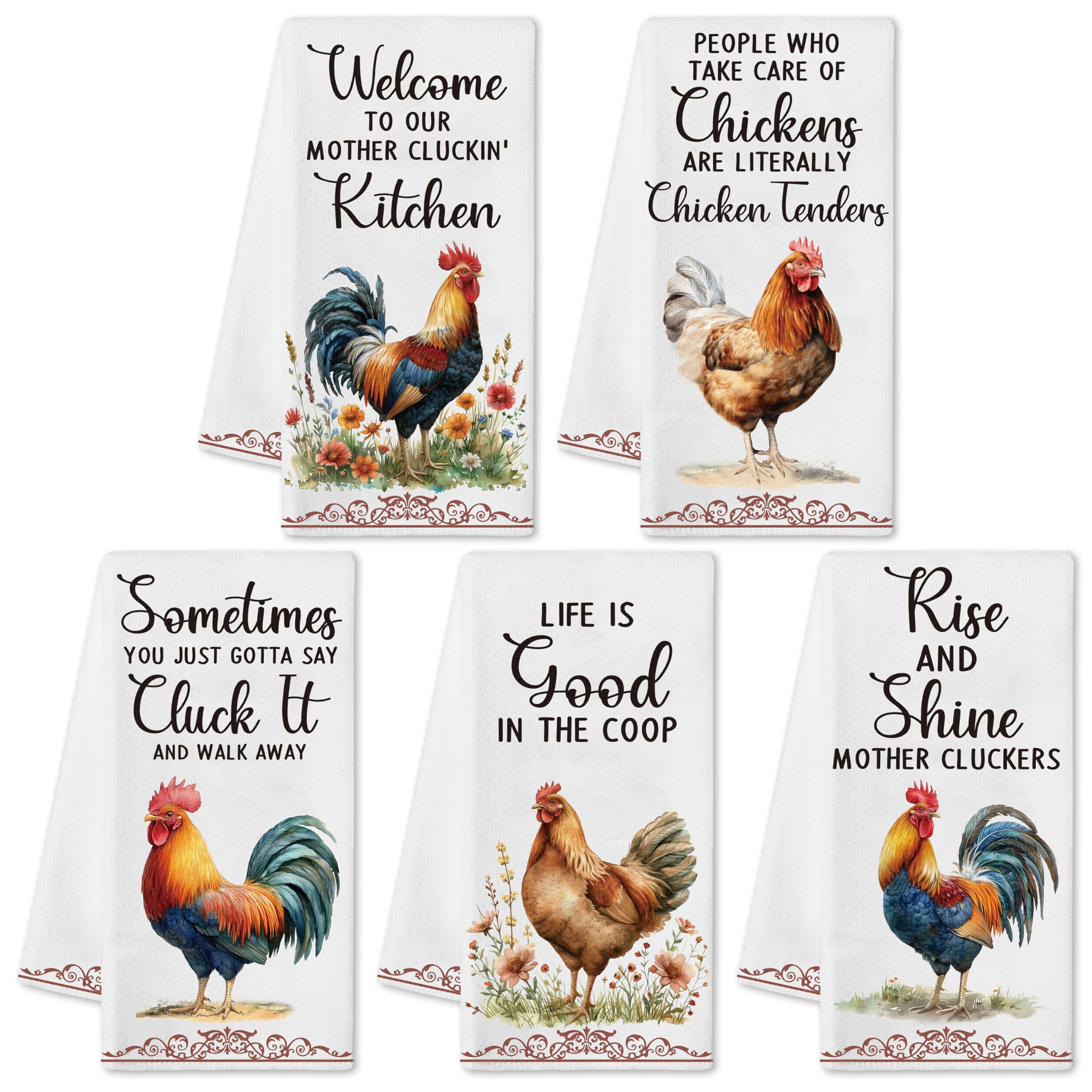 9tilight rooster-pattern dish towels add rustic charm while drying dishes quickly.